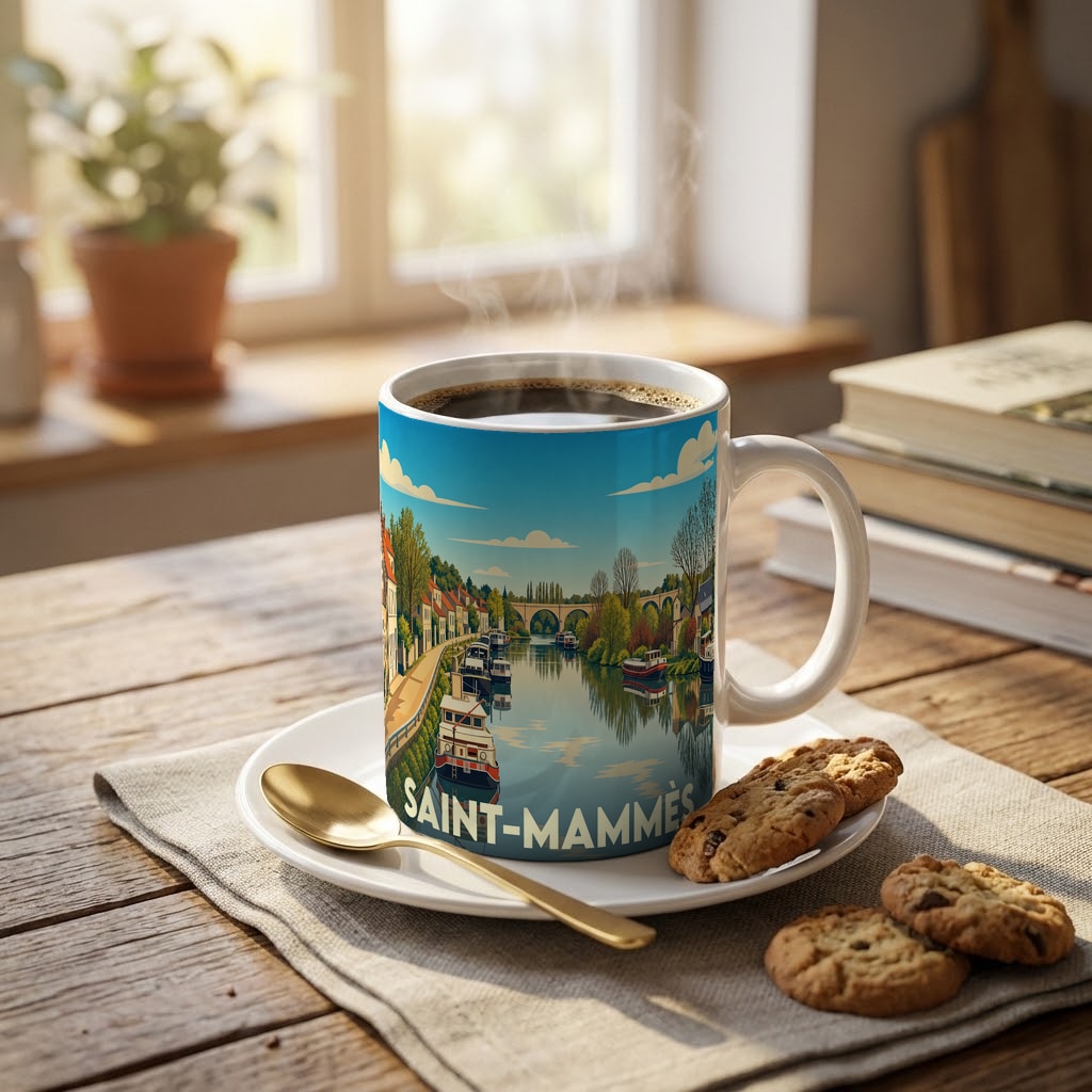 Mug souvenir de la ville de Saint-Mammès orné d'une illustration stylisée de ses quais et de ses péniches.