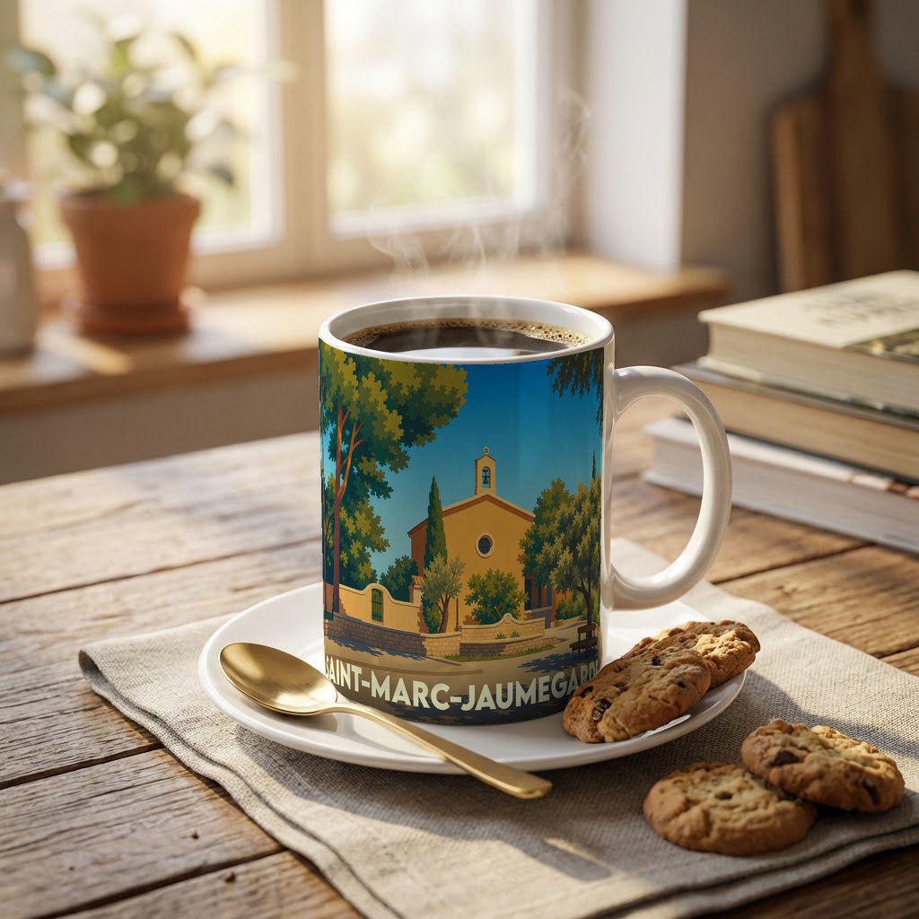 Mug souvenir de la ville de Saint-Marc-Jaumegarde avec une illustration stylisée d'une église provençale sous un ciel bleu.