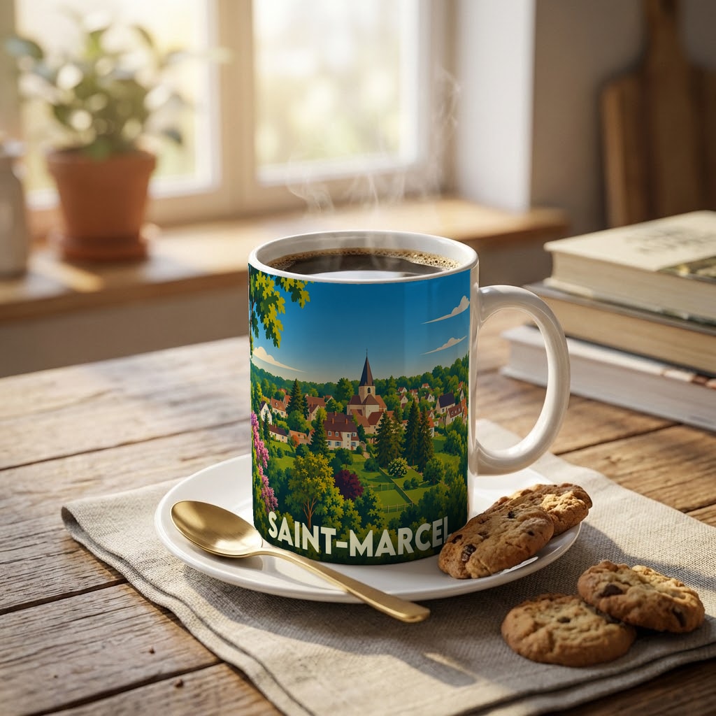Mug souvenir de la ville de Saint-Marcel orné d'une illustration paysagère stylisée.