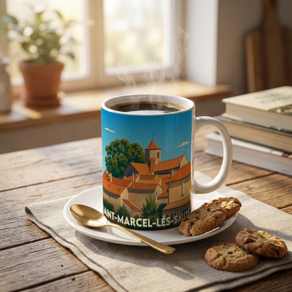 Mug souvenir de la ville de Saint-Marcel-lès-Sauzet avec une illustration stylisée de son église et de ses toits provençaux.