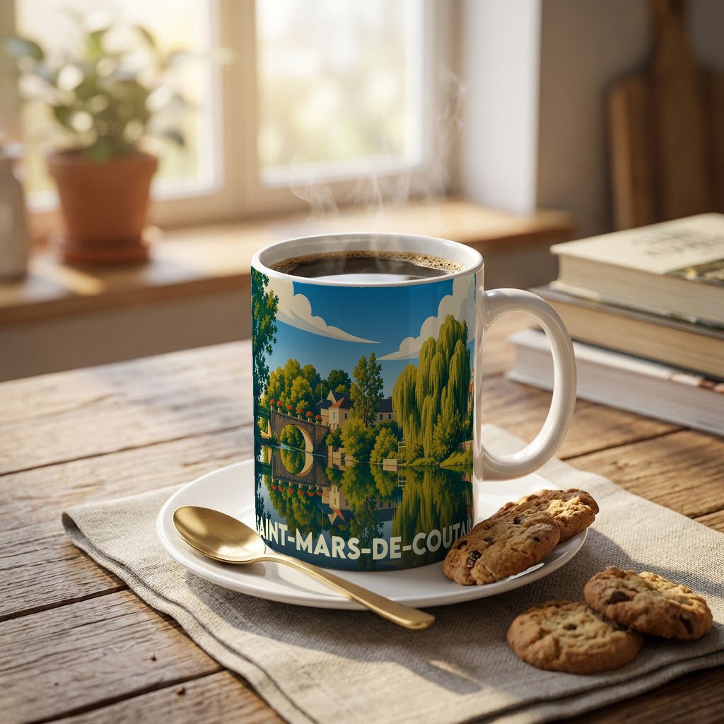 Mug souvenir de la ville de Saint-Mars-de-Coutais avec une illustration stylisée d'un paysage de bord de l'eau.