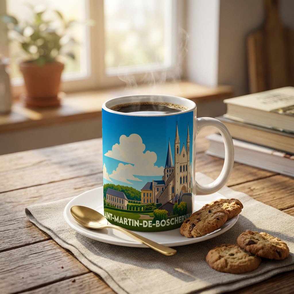 Mug souvenir de la ville de Saint-Martin-de-Boscherville avec une illustration stylisée de son abbaye.