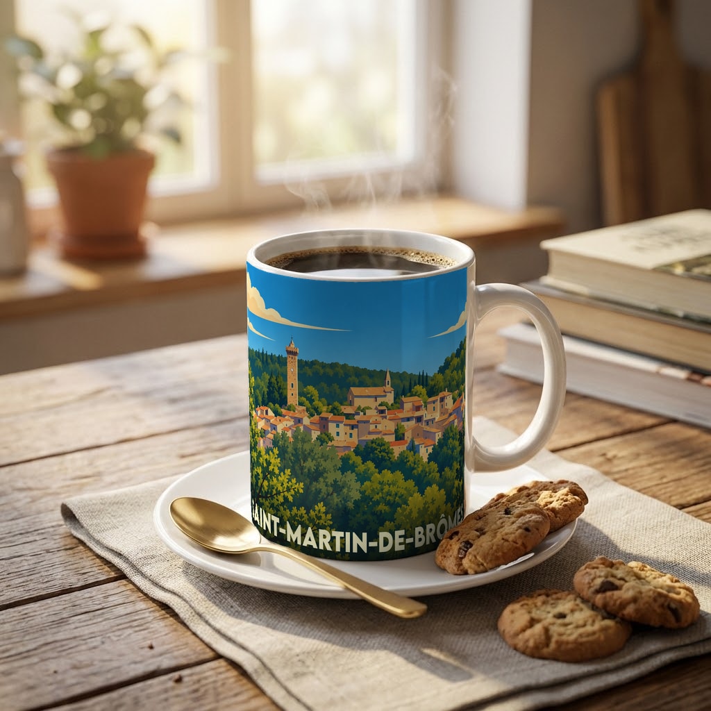 Mug souvenir de la ville de Saint-Martin-de-Brômes avec une illustration stylisée.