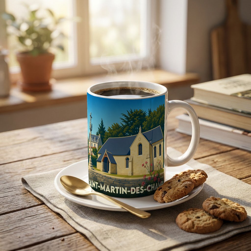 Mug souvenir de la ville de Saint-Martin-des-Champs avec une illustration stylisée de son église.