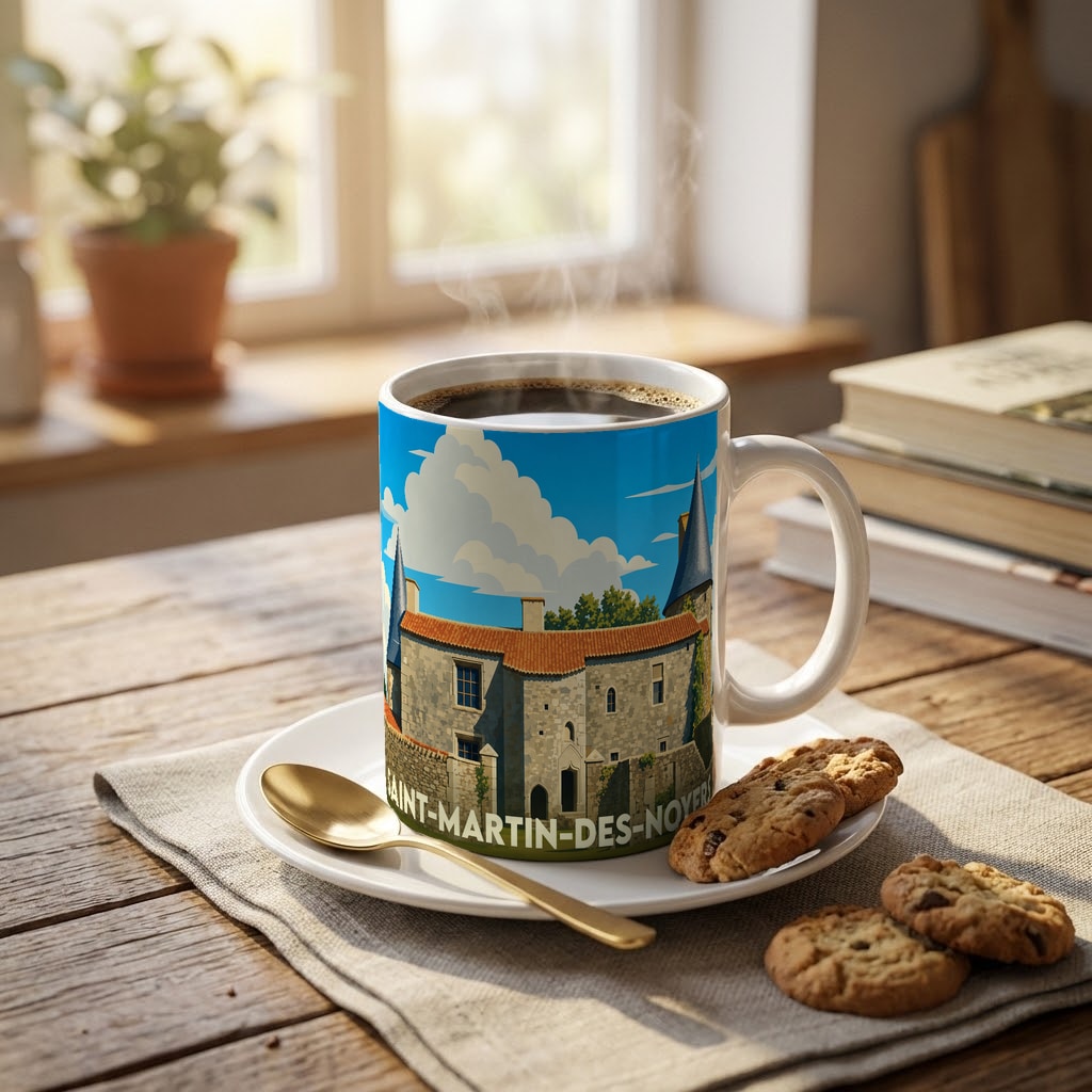 Mug souvenir de la ville de Saint-Martin-des-Noyers orné d'une illustration stylisée de son patrimoine architectural.