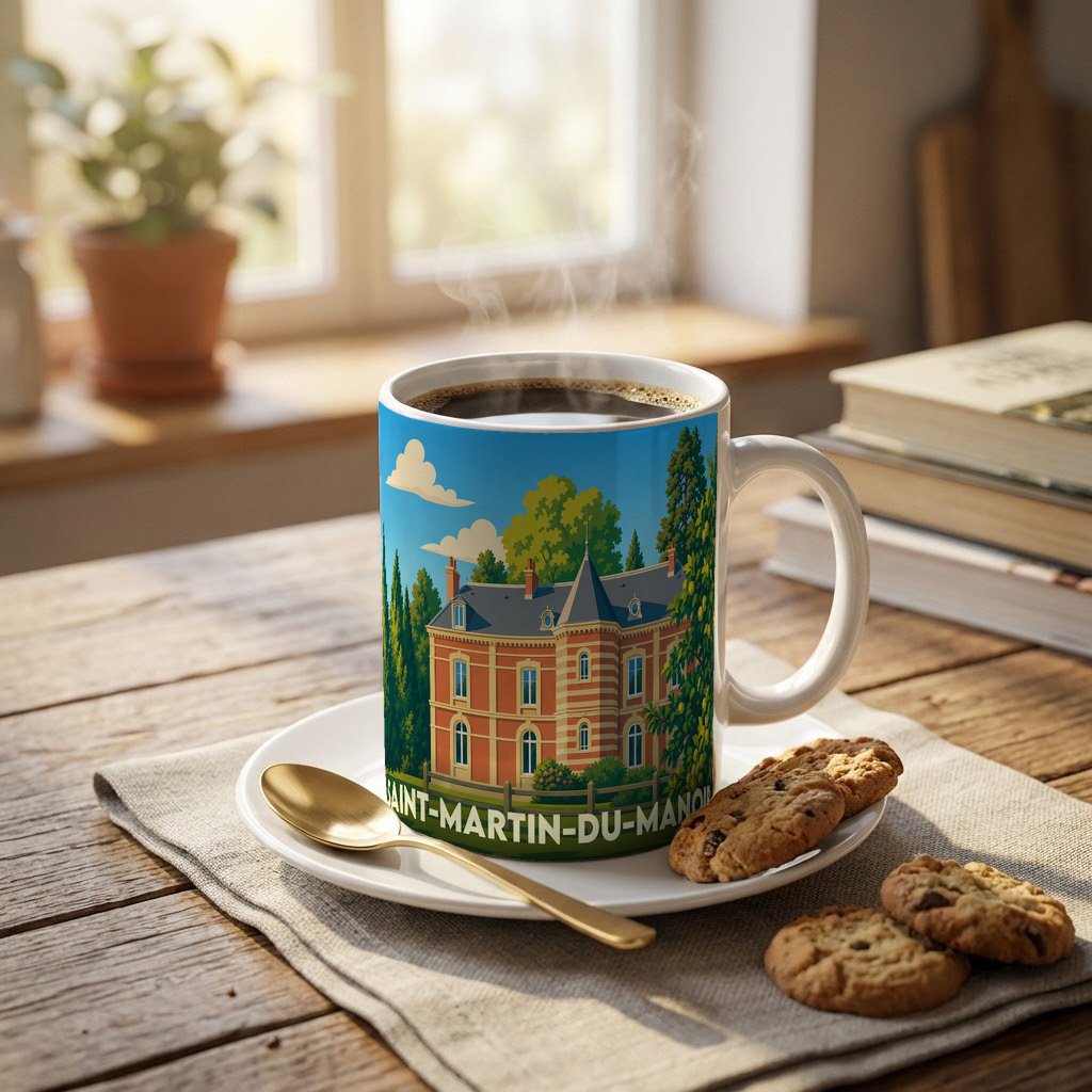 Mug souvenir de la ville de Saint-Martin-du-Manoir avec une illustration stylisée d'un manoir entouré de verdure.