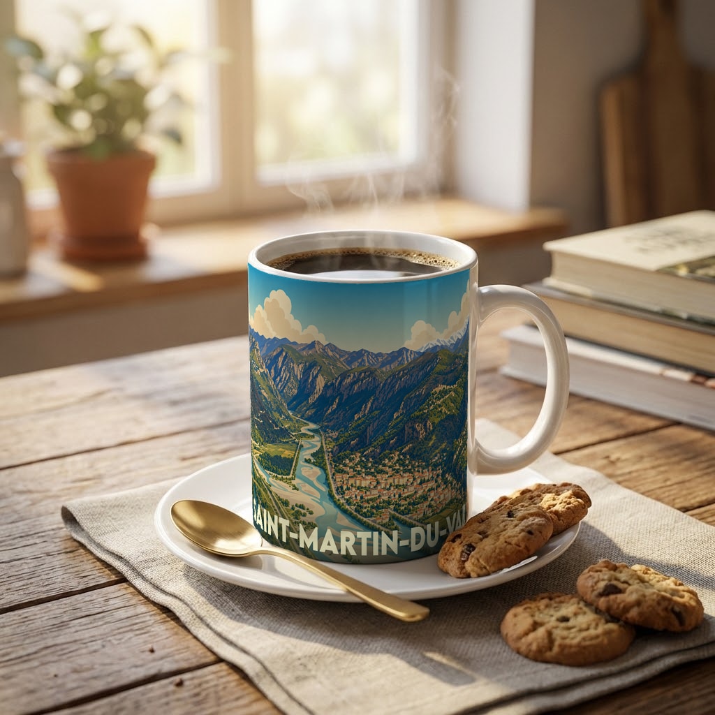 Mug souvenir de la ville de Saint-Martin-du-Var avec une illustration paysagère stylisée.