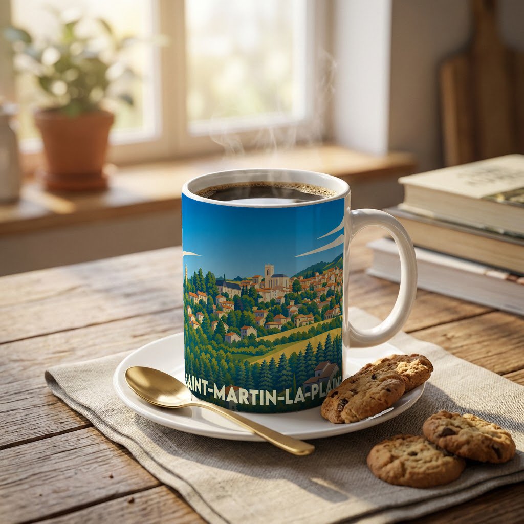 Mug souvenir de la ville de Saint-Martin-la-Plaine avec une illustration stylisée d'un village vallonné.