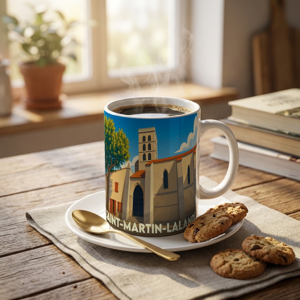 Mug souvenir de la ville de Saint-Martin-Lalande orné d'une illustration stylisée de son église.
