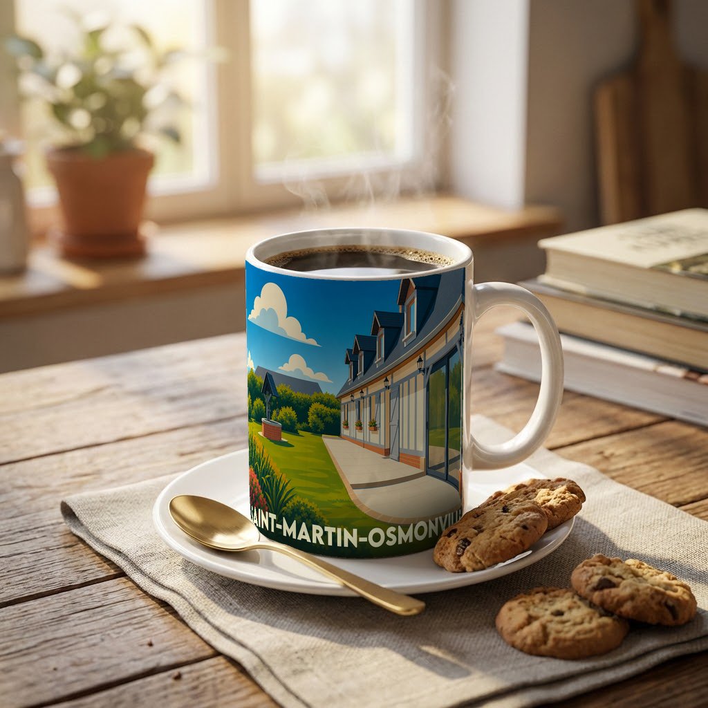 Mug souvenir de la ville de Saint-Martin-Osmonville orné d'une illustration stylisée de paysage normand.