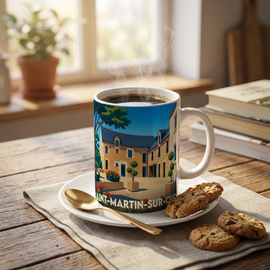 Mug souvenir de la ville de Saint-Martin-sur-Oust avec une illustration stylisée.