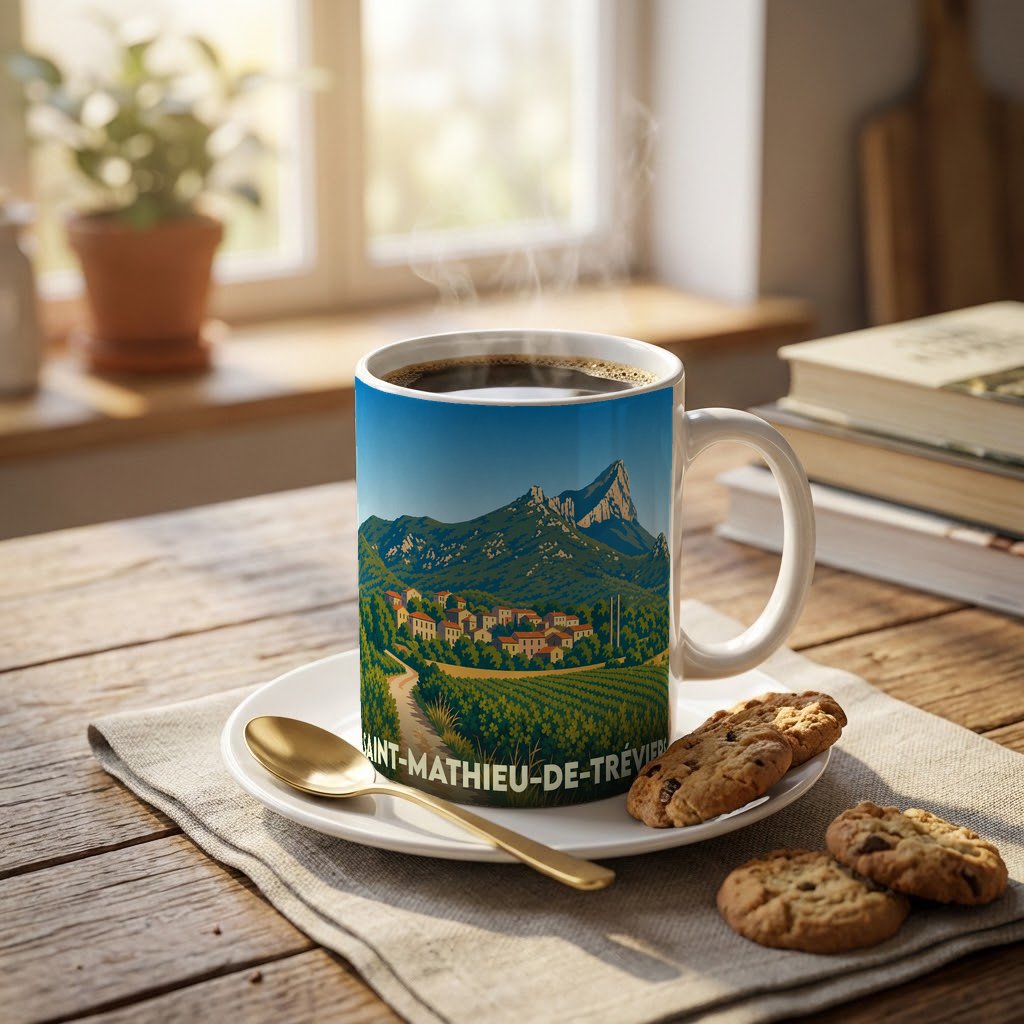 Mug souvenir de la ville de Saint-Mathieu-de-Tréviers avec une illustration stylisée du Pic Saint-Loup et de son village.