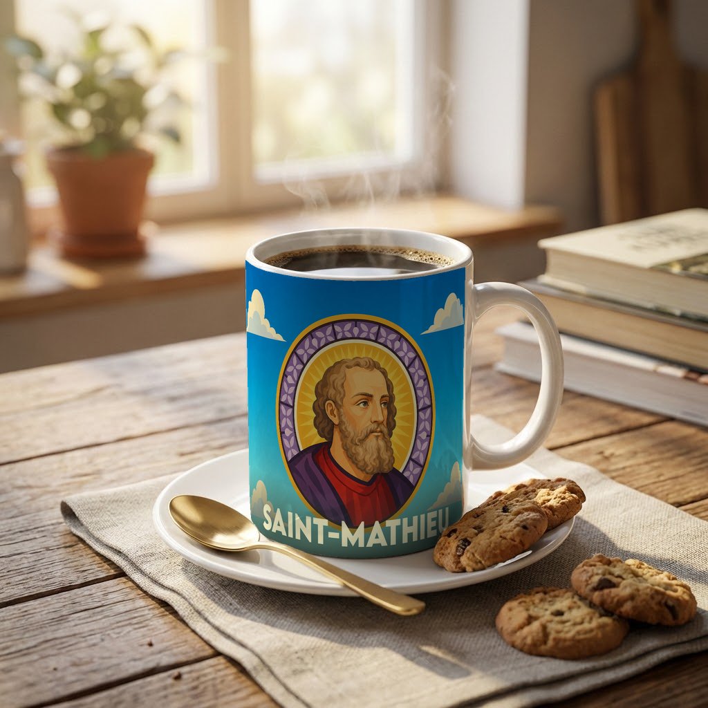 Mug souvenir de la ville de Saint-Mathieu avec une illustration stylisée.