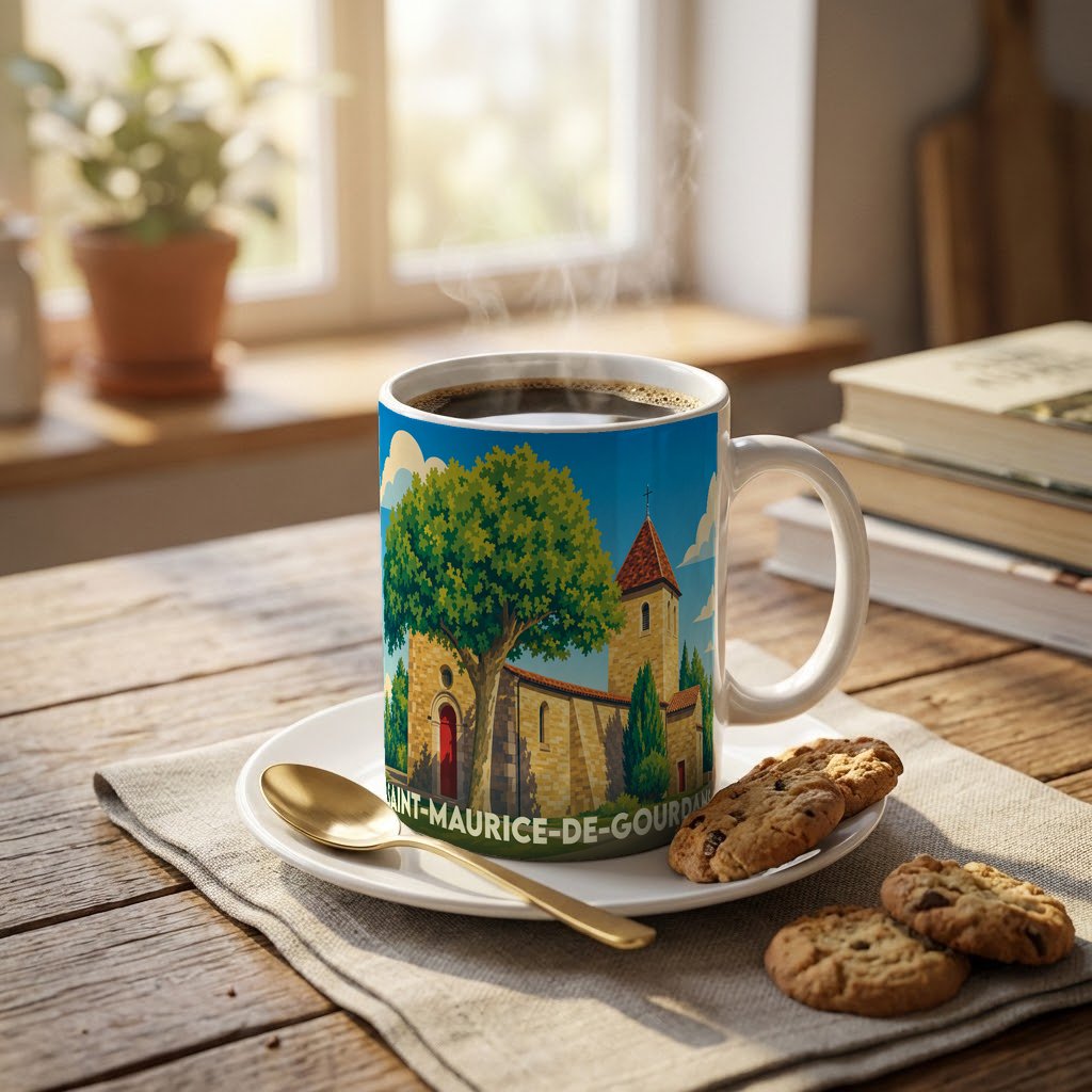 Mug souvenir de la ville de Saint-Maurice-de-Gourdans avec une illustration stylisée de son église.