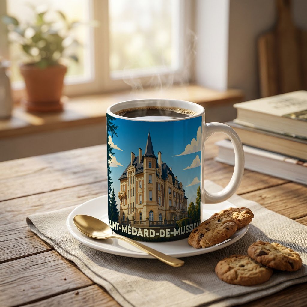 Mug souvenir de la ville de Saint-Médard-de-Mussidan avec une illustration stylisée de château.