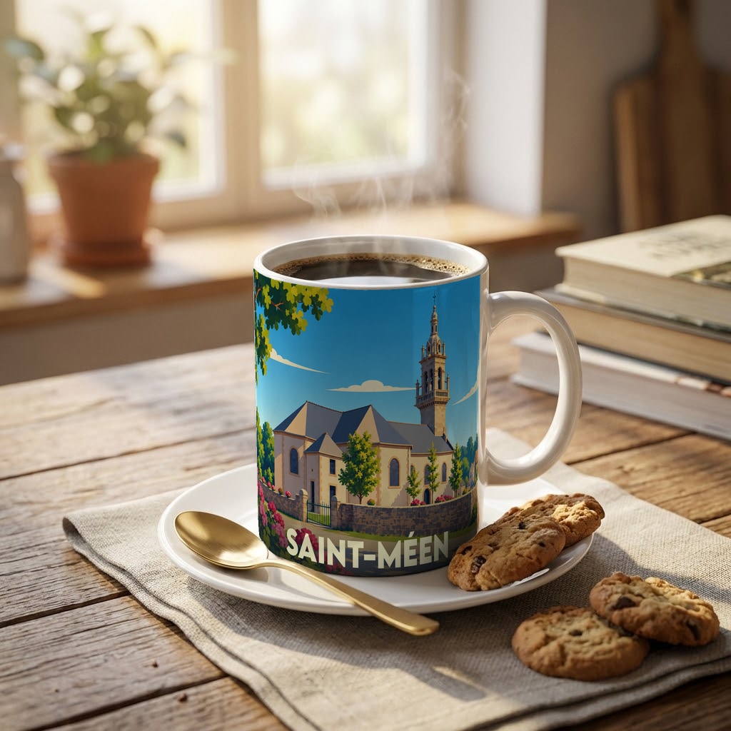 Mug souvenir de la ville de Saint-Méen avec une illustration stylisée de son église.