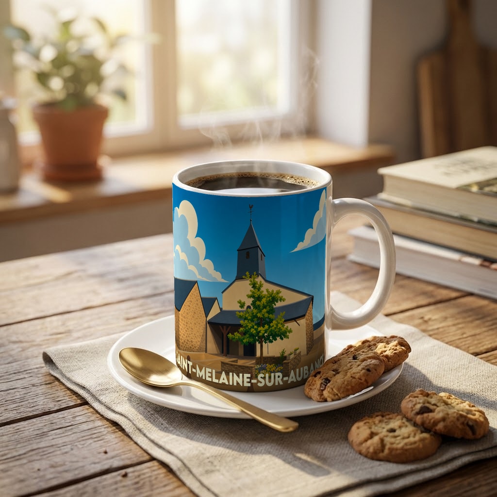 Mug souvenir de la ville de Saint-Melaine-sur-Aubance orné d'une illustration stylisée de son église.