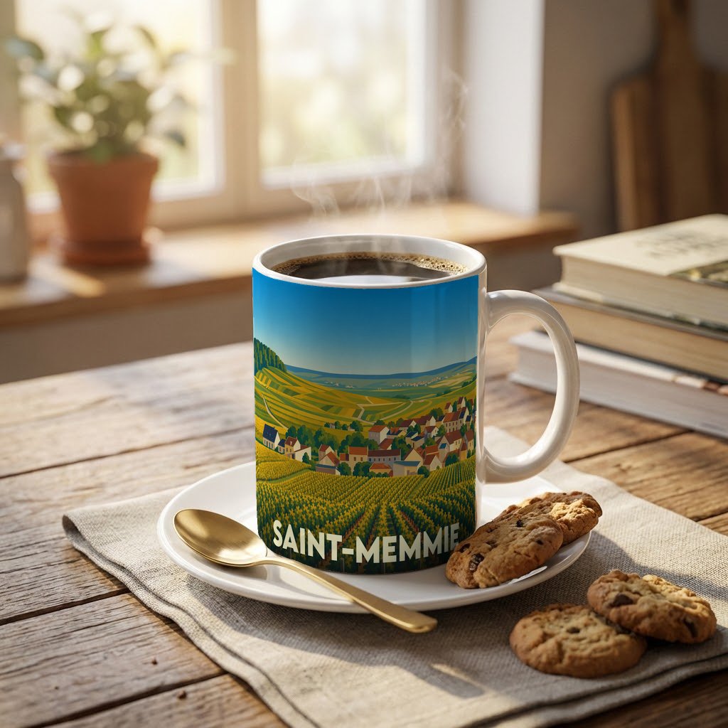 Mug souvenir de la ville de Saint-Memmie avec une illustration stylisée de paysages vallonnés et de vignobles.