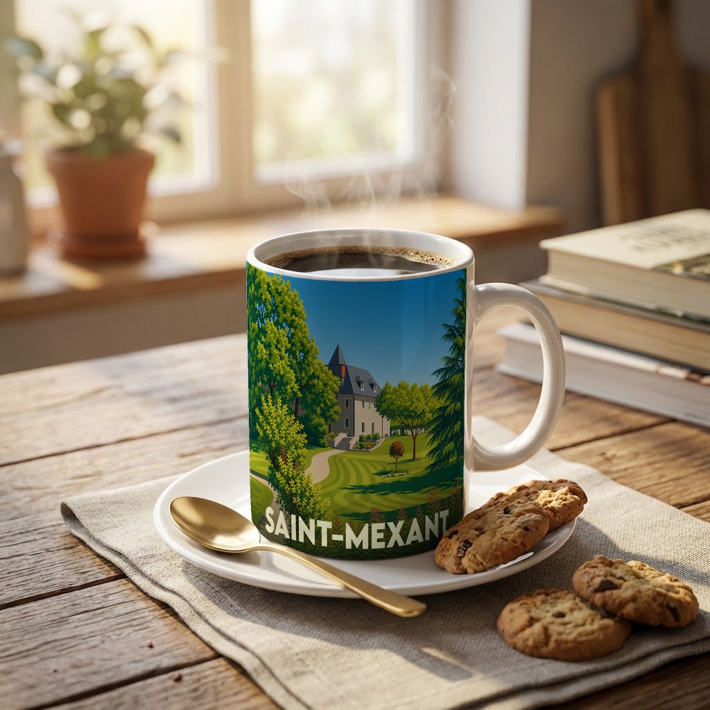 Mug souvenir de la ville de Saint-Mexant orné d'une illustration stylisée représentant un château dans un parc verdoyant.