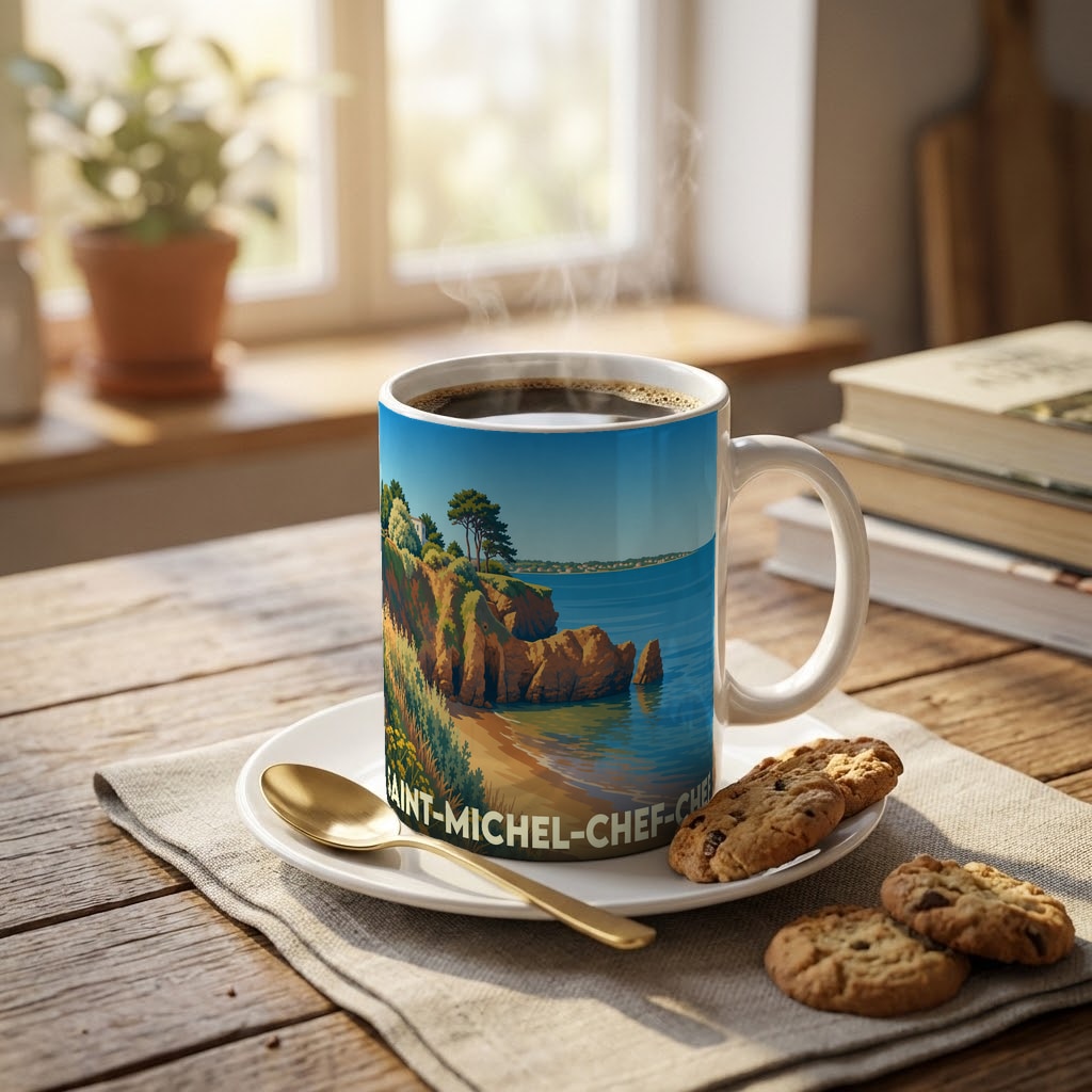 Mug souvenir de la ville de Saint-Michel-Chef-Chef avec une illustration stylisée du littoral.