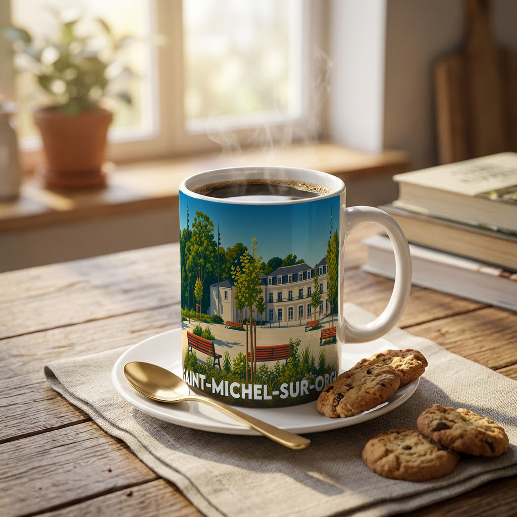 Mug souvenir de la ville de Saint-Michel-sur-Orge avec une illustration stylisée de son patrimoine.