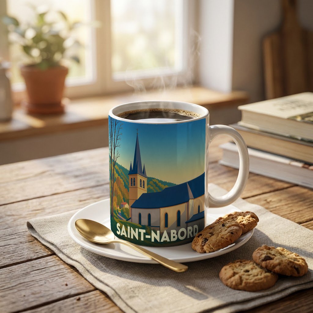Mug souvenir de la ville de Saint-Nabord orné d'une illustration stylisée de son église.