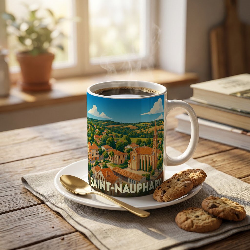 Mug souvenir de la ville de Saint-Nauphary avec une illustration stylisée et colorée du village.