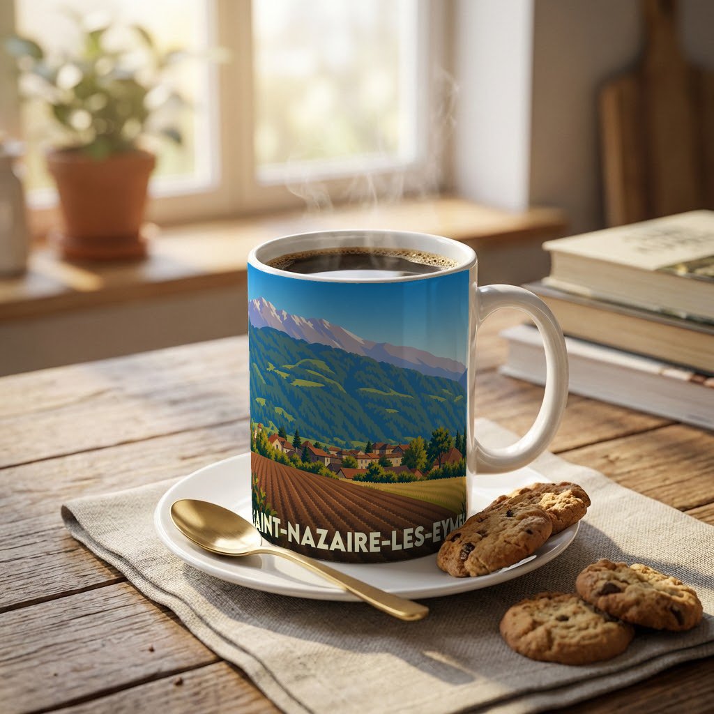 Mug souvenir de la ville de Saint-Nazaire-les-Eymes avec une illustration stylisée de paysages montagneux.