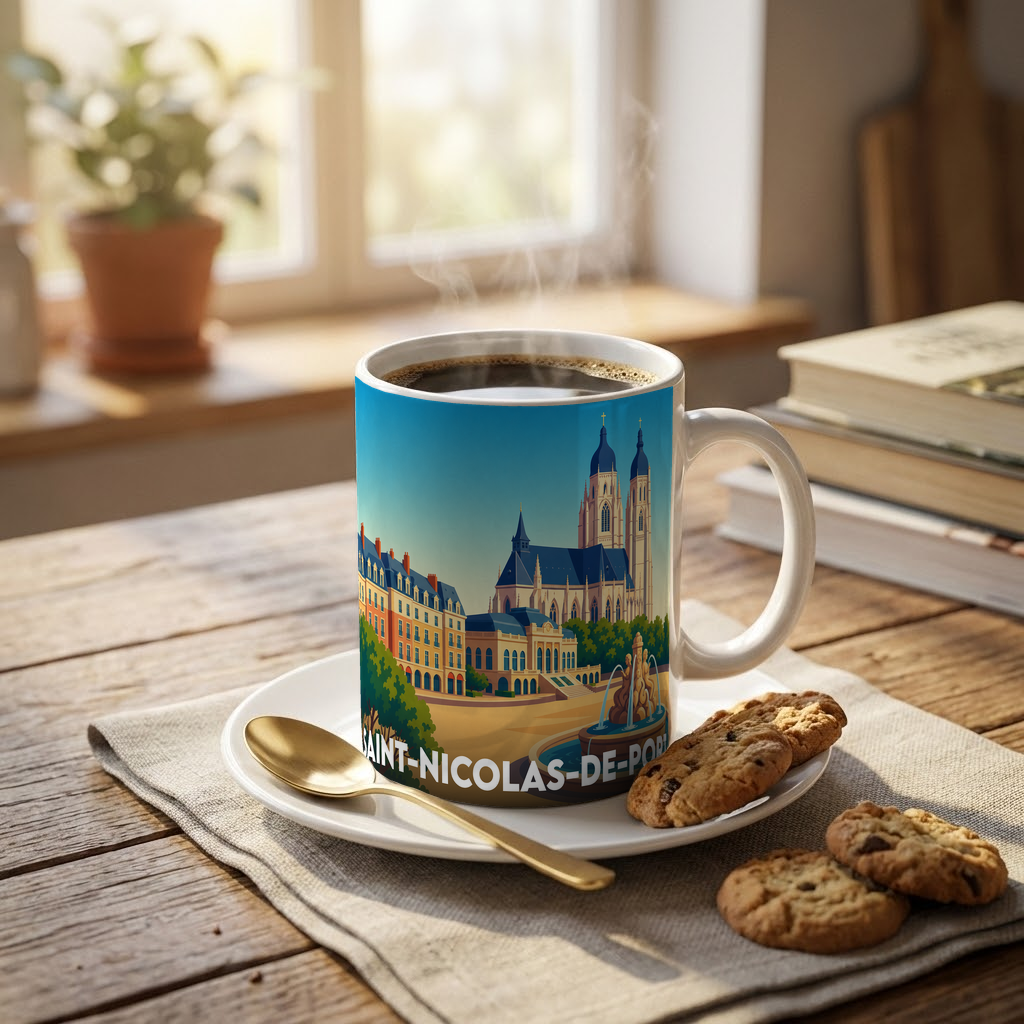 Mug souvenir de la ville de Saint-Nicolas-de-Port orné d'une illustration stylisée de sa basilique.