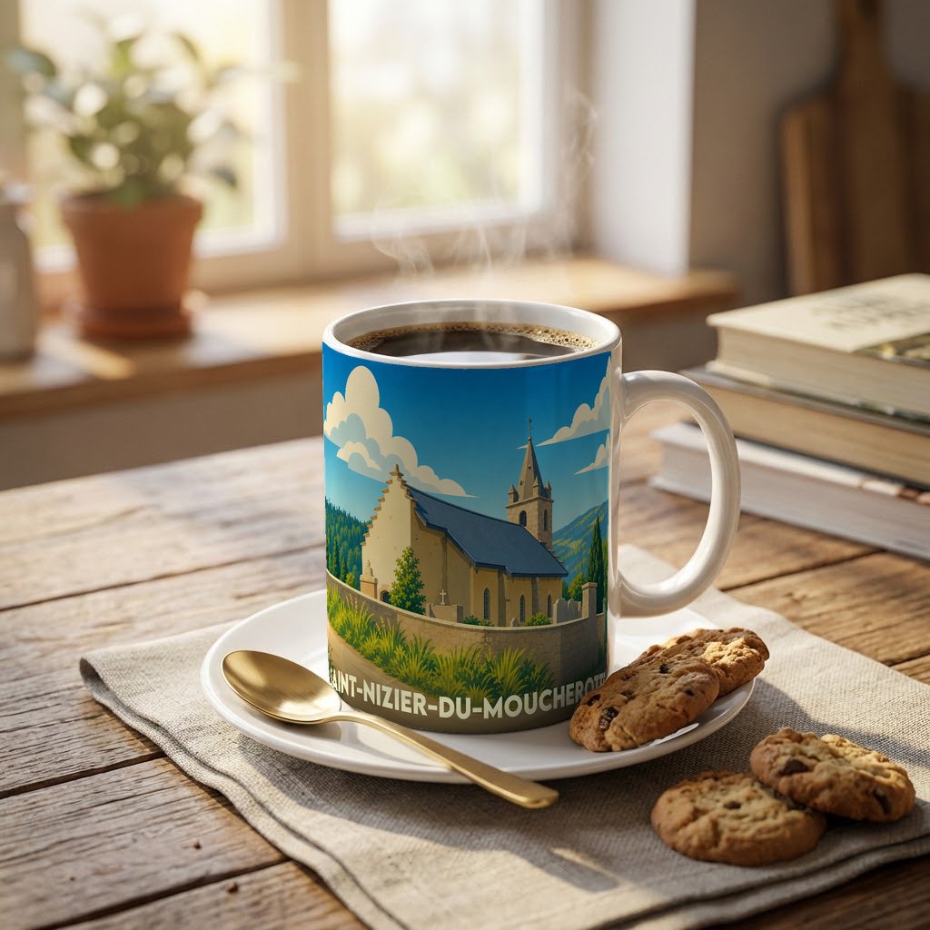 Mug souvenir de la ville de Saint-Nizier-du-Moucherotte avec une illustration stylisée d'une église de montagne.