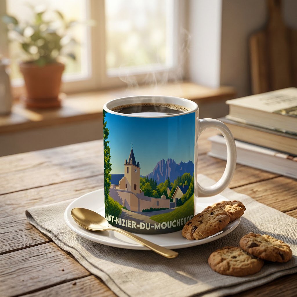 Mug souvenir de la commune de Saint-Nizier-du-Moucherotte orné d'une illustration de son église devant les montagnes.