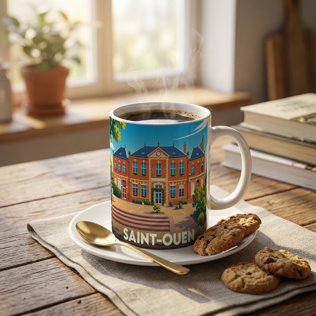 Mug souvenir de la ville de Saint-Ouen avec une illustration stylisée de son patrimoine architectural.