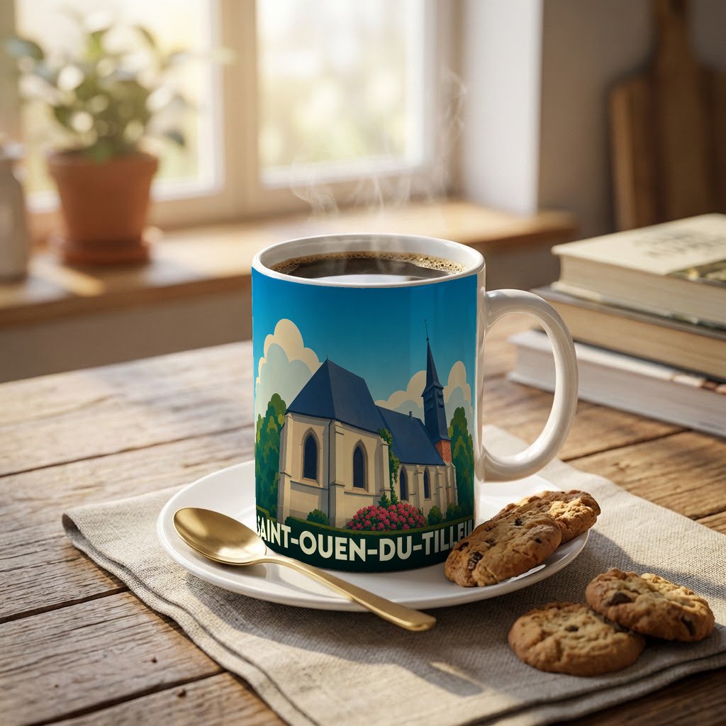 Mug souvenir de la ville de Saint-Ouen-du-Tilleul avec une illustration stylisée de son église.