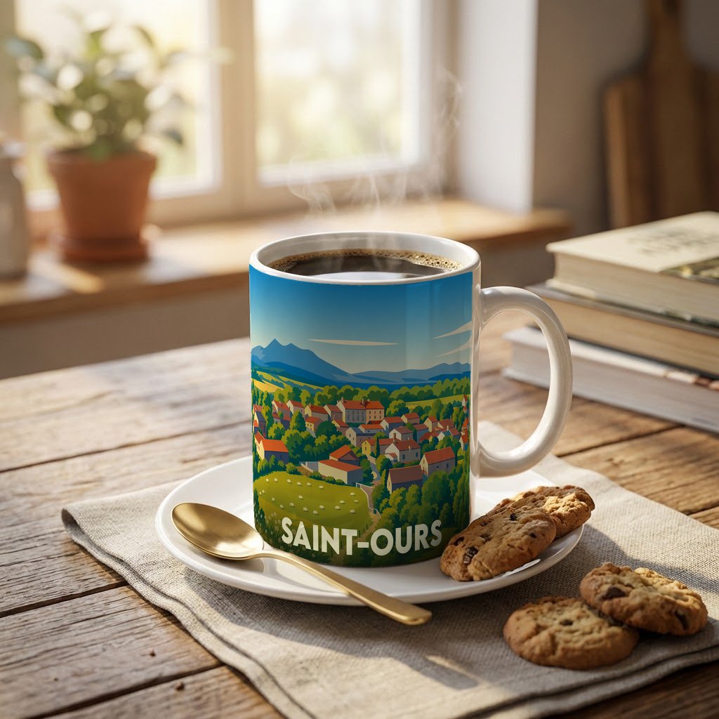 Mug souvenir de la ville de Saint-Ours avec une illustration stylisée d'un paysage rural.