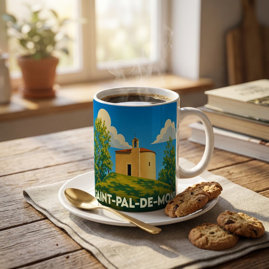Mug souvenir de la ville de Saint-Pal-de-Mons avec une illustration stylisée d'une chapelle sur une colline.