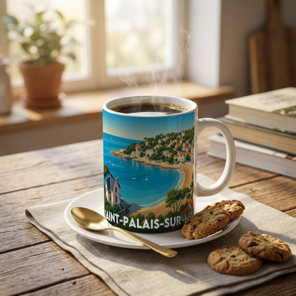 Mug souvenir de la ville de Saint-Palais-sur-Mer orné d'une illustration côtière stylisée.