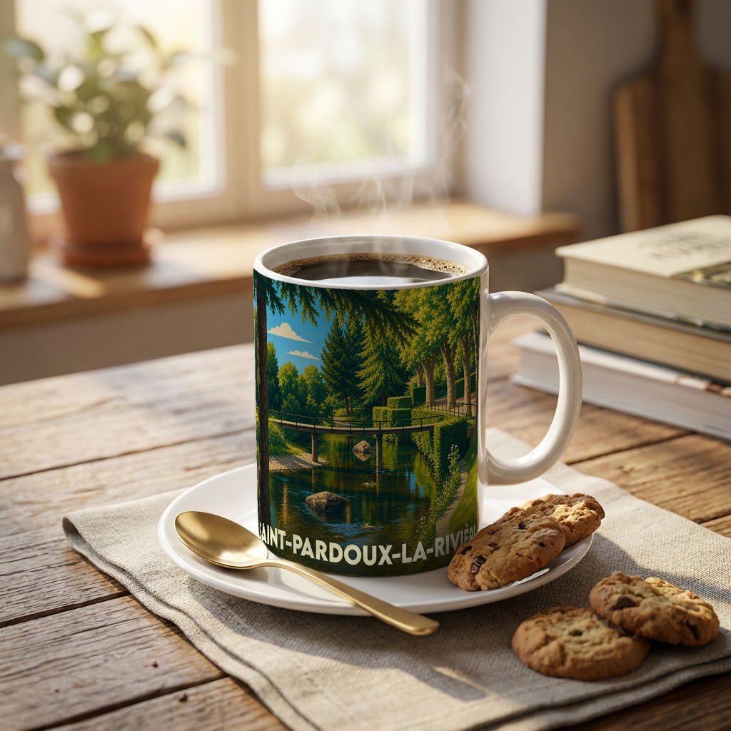 Mug souvenir de la ville de Saint-Pardoux-la-Rivière avec une illustration stylisée d'un paysage de rivière.