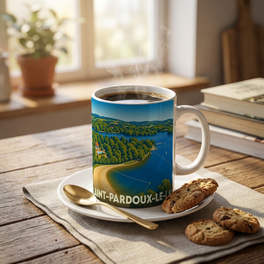 Mug souvenir de Saint-Pardoux-le-Lac arborant une illustration stylisée du lac et de ses rivages boisés.