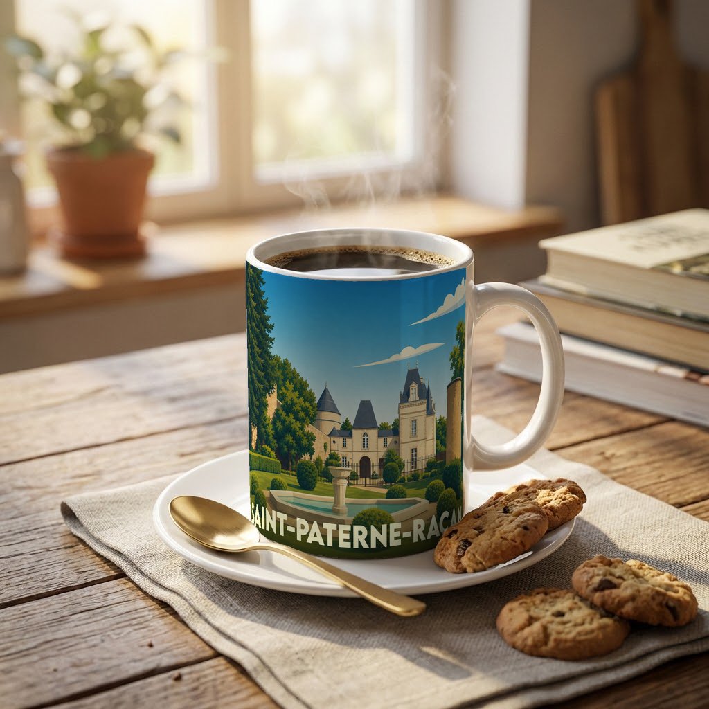 Mug souvenir de la ville de Saint-Paterne-Racan avec une illustration stylisée d'un château.