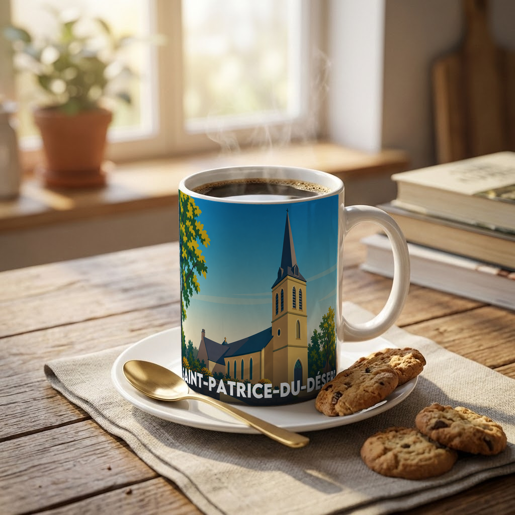 Mug souvenir de la ville de Saint-Patrice-du-Désert avec une illustration stylisée de son église.