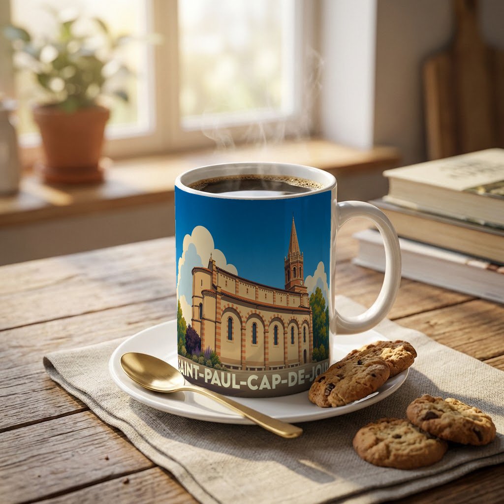 Mug souvenir de la ville de Saint-Paul-Cap-de-Joux avec une illustration stylisée de son église.