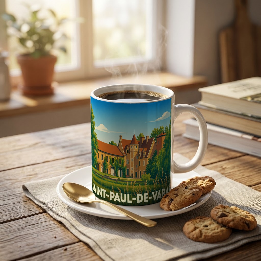 Mug souvenir de la ville de Saint-Paul-de-Varax illustré d'un château stylisé dans un paysage verdoyant.