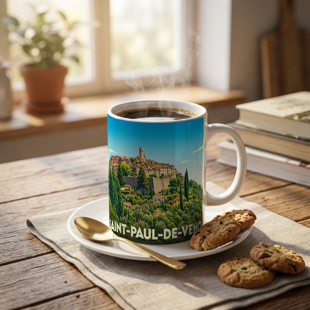 Mug souvenir de la ville de Saint-Paul-de-Vence avec une illustration stylisée de son village perché.