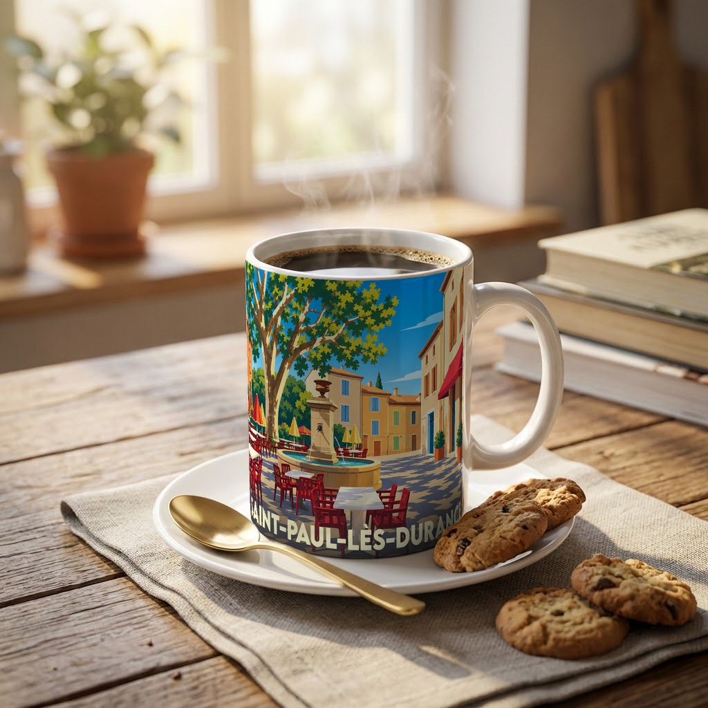 Mug souvenir de la ville de Saint-Paul-lès-Durance avec une illustration stylisée d'une place ensoleillée.