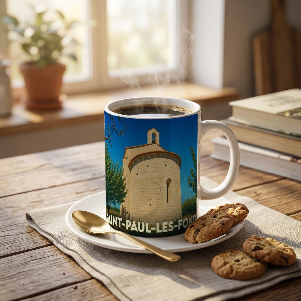 Mug souvenir de la ville de Saint-Paul-les-Fonts illustré d'un bâtiment historique stylisé.