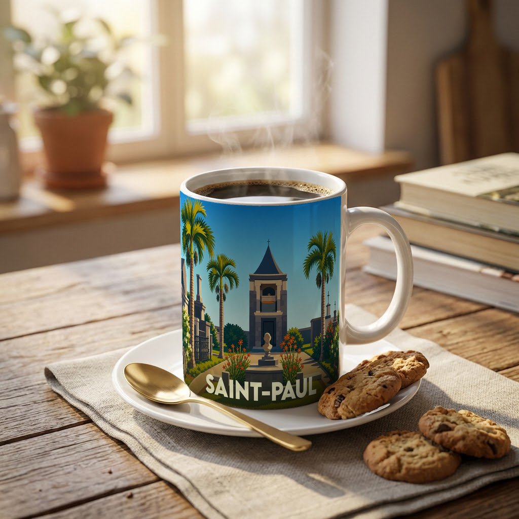 Mug souvenir de la ville de Saint-Paul avec une illustration stylisée d'un cimetière marin sous les palmiers.