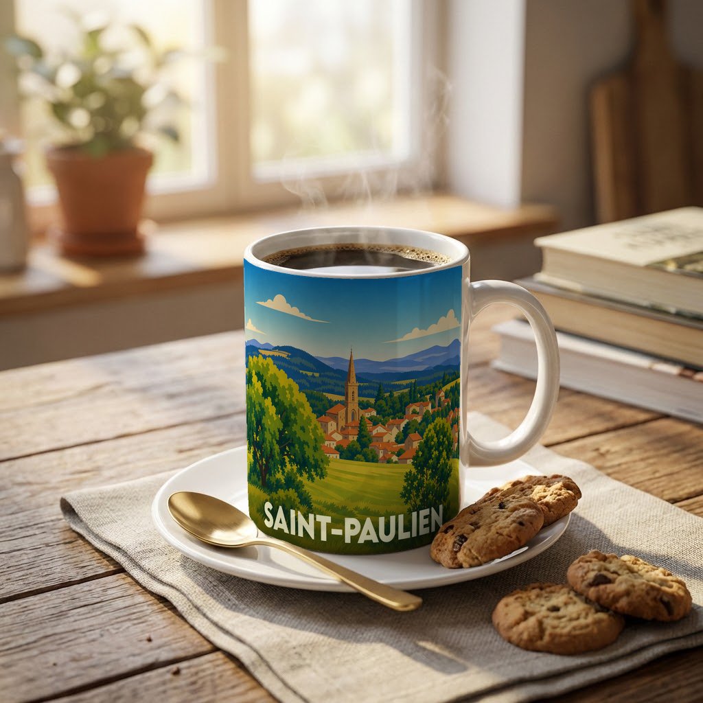 Mug souvenir de la ville de Saint-Paulien avec une illustration stylisée de son paysage urbain et vallonné.