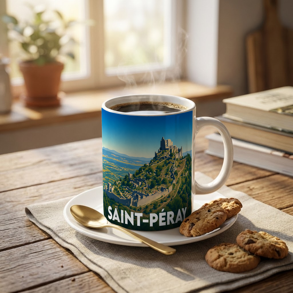 Mug souvenir de la ville de Saint-Péray orné d'une illustration stylisée du château de Crussol.