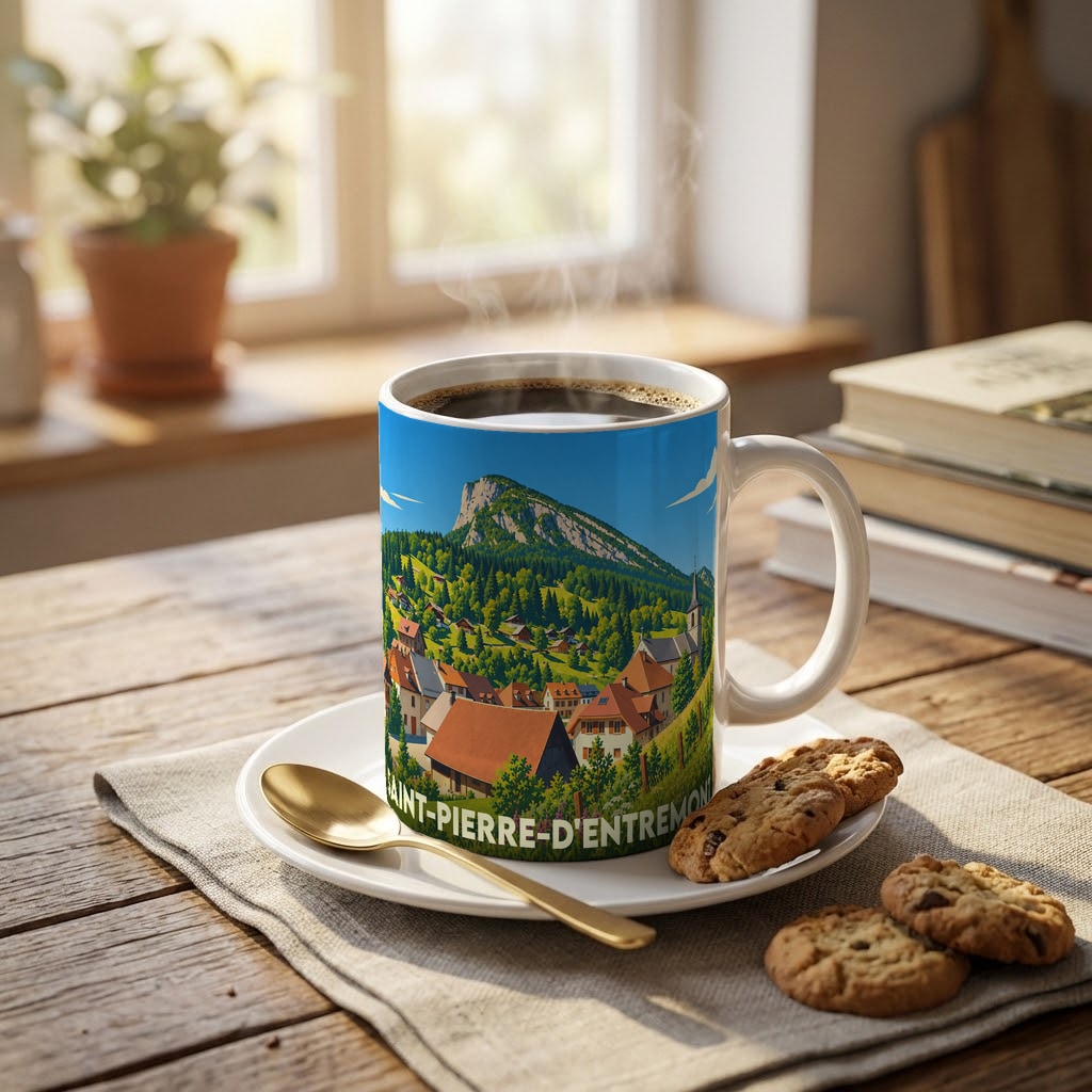 Mug souvenir de la ville de Saint-Pierre-d'Entremont orné d'une illustration stylisée du village et des montagnes.
