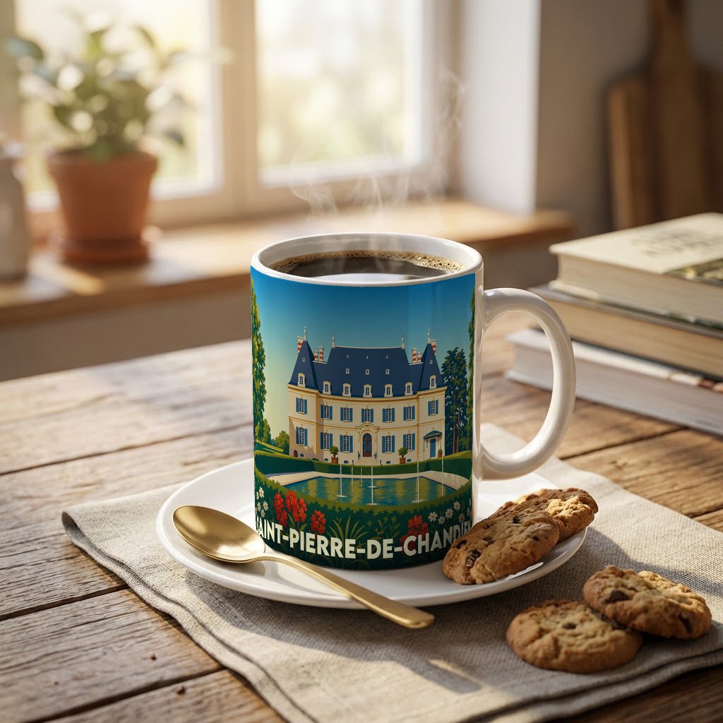 Mug souvenir de la ville de Saint-Pierre-de-Chandieu illustré d'un château avec un bassin de jardin.